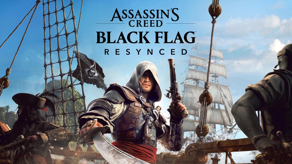 Key art officiel d'Assassin's Creed Black Flag Resynced : Edward Kenway, sabre et pistolet au poing, sur le pont d'un navire pirate sous les voiles