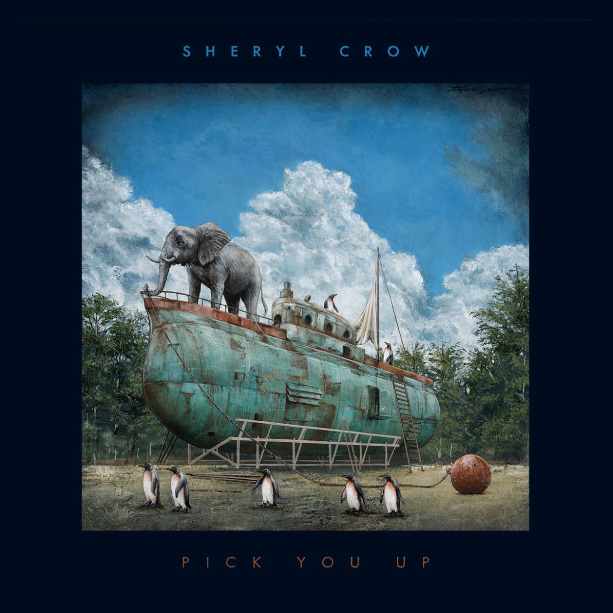 Pochette de l'album Pick You Up de Sheryl Crow : un éléphant debout sur un vieux bateau rouillé échoué dans l'herbe, entouré de manchots