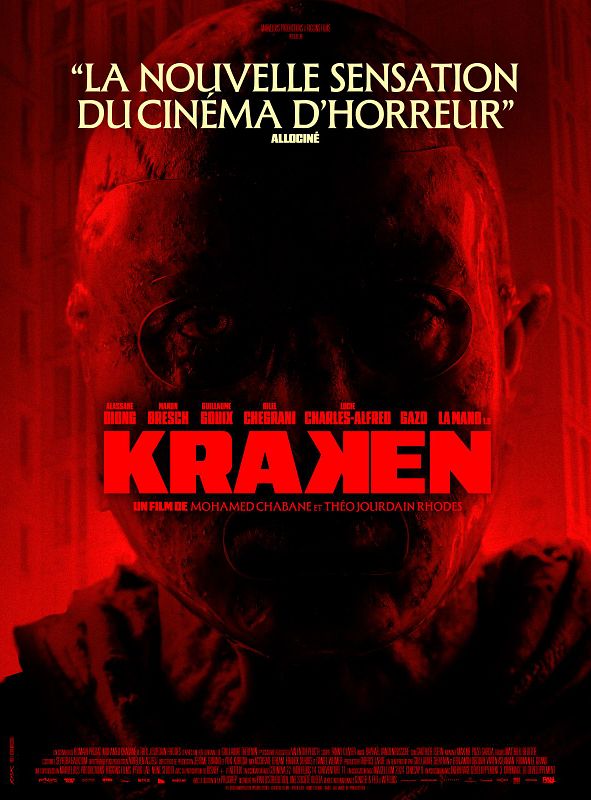 Affiche officielle du film d'horreur français Kraken, visage rougeoyant sur fond de tour de cité