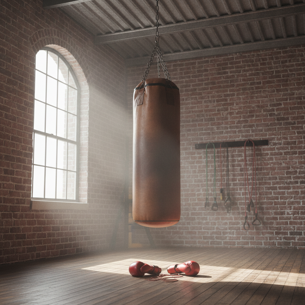 Sac de frappe suspendu et gants de boxe rouges posés au sol dans une salle de sport en briques