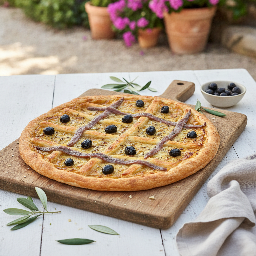 Pissaladière niçoise dorée aux oignons confits, anchois en croisillons et olives noires sur une planche en bois