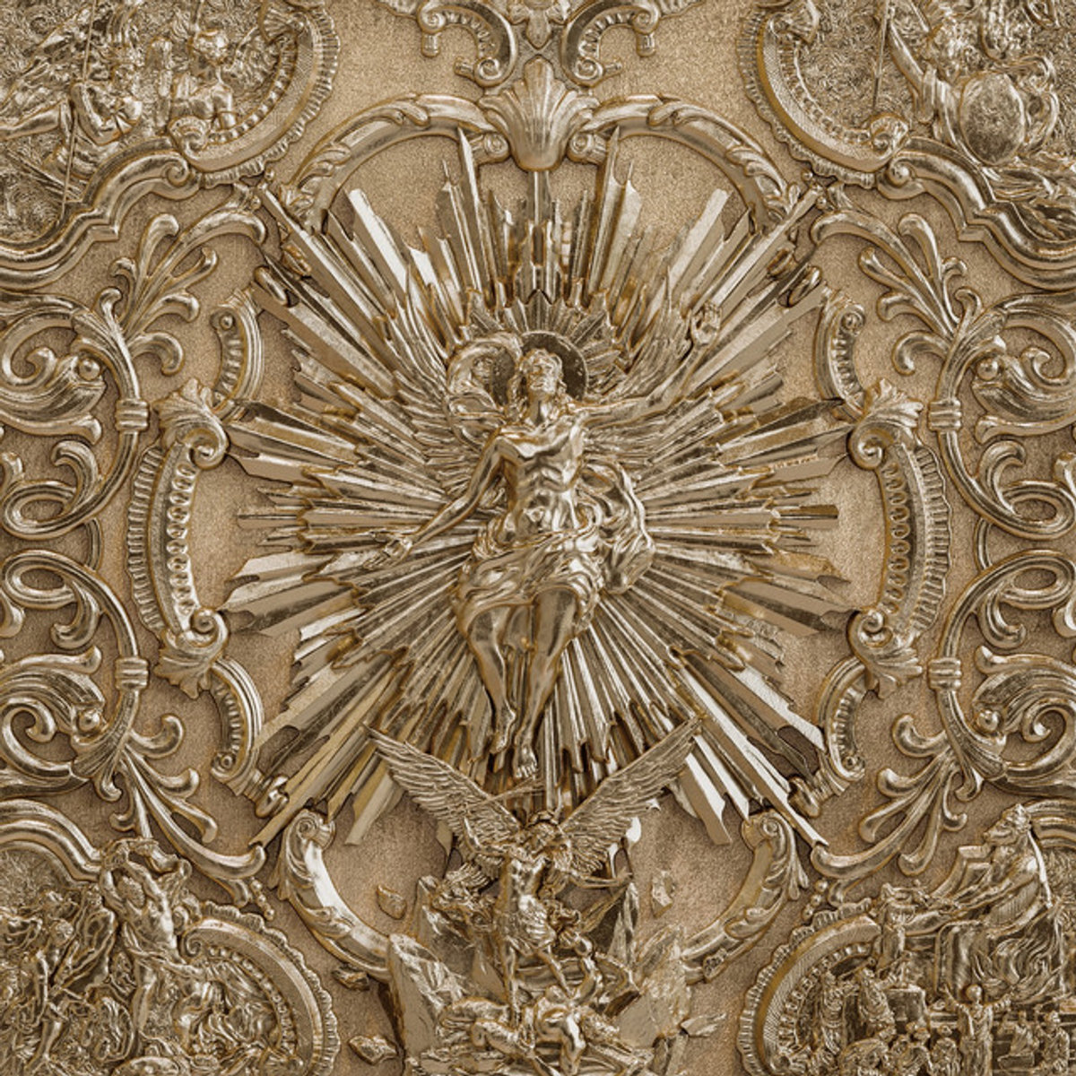 Pochette de l'album Be Not Afraid de Polyphia, bas-relief dore de style baroque