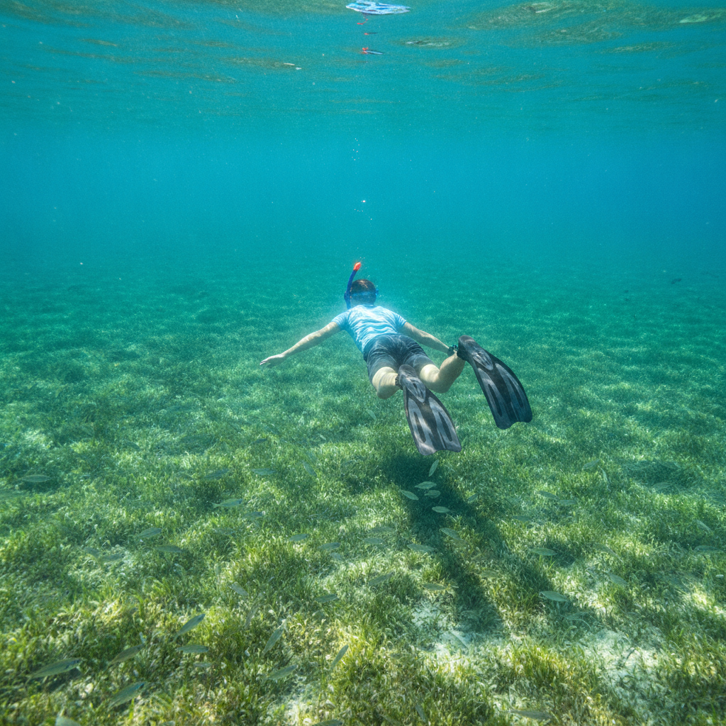 Nageur en snorkeling survolant un herbier de posidonie dans une eau turquoise de Méditerranée