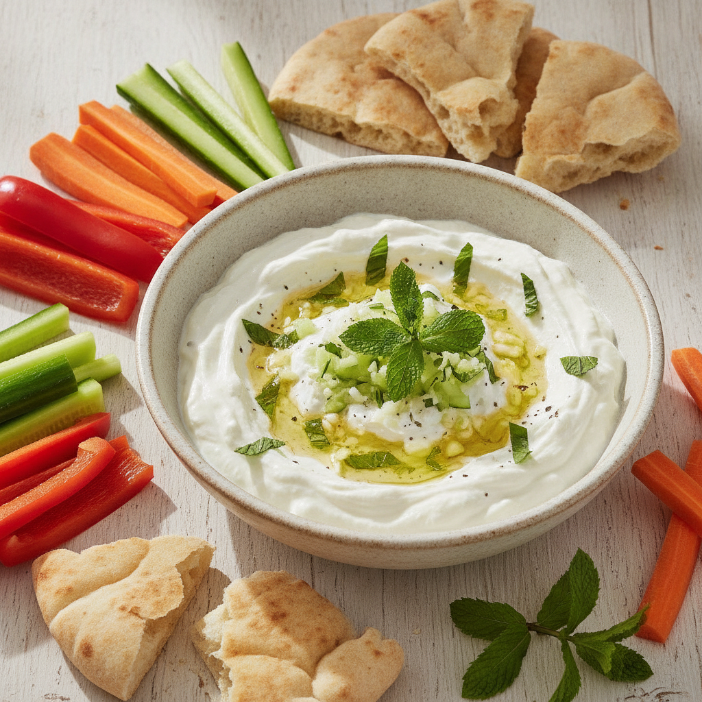 Bol de tzatziki grec crémeux à l'huile d'olive et à la menthe, entouré de légumes croquants et de pain pita