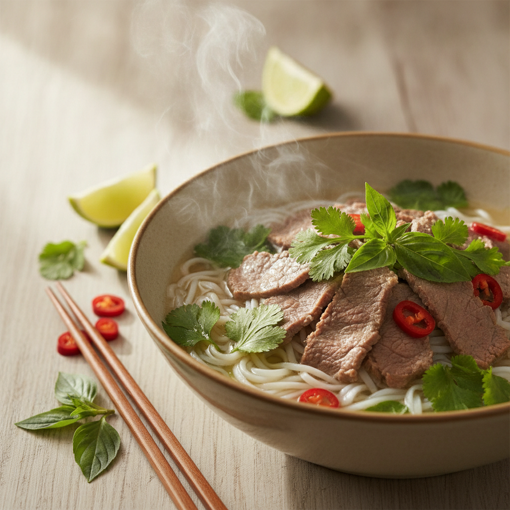 Bol de phở vietnamien fumant avec nouilles de riz, lamelles de boeuf, coriandre, basilic, citron vert et piment