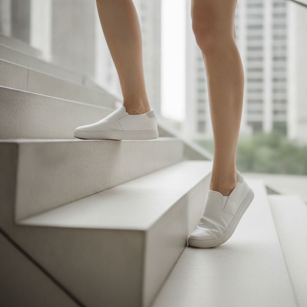 Jambes en baskets blanches gravissant un escalier clair en ville, illustrant le mouvement du quotidien