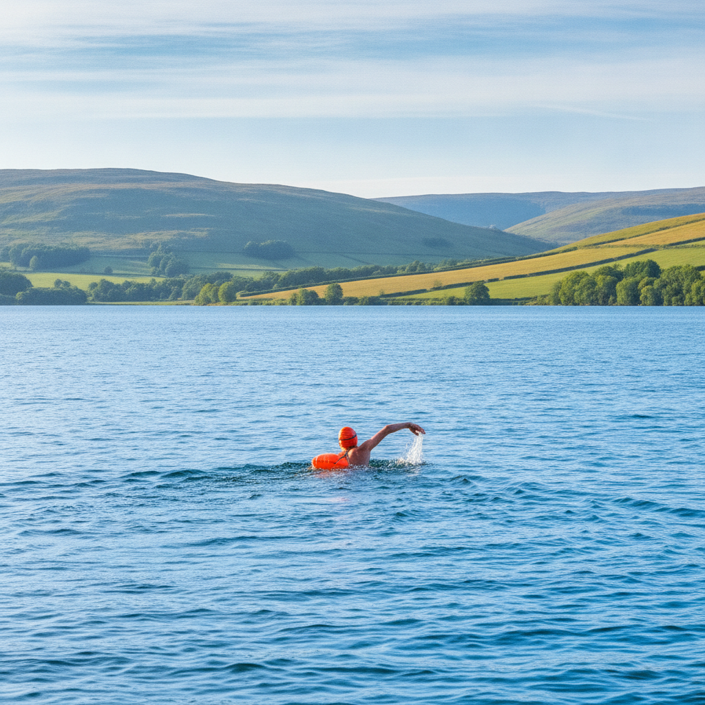 Nageur en eau libre avec bouée de nage orange dans un lac entouré de collines