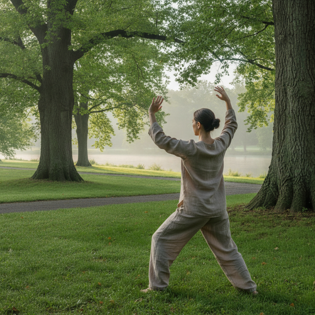 Une personne pratique le qi gong dans un parc au petit matin, les bras levés en mouvement lent