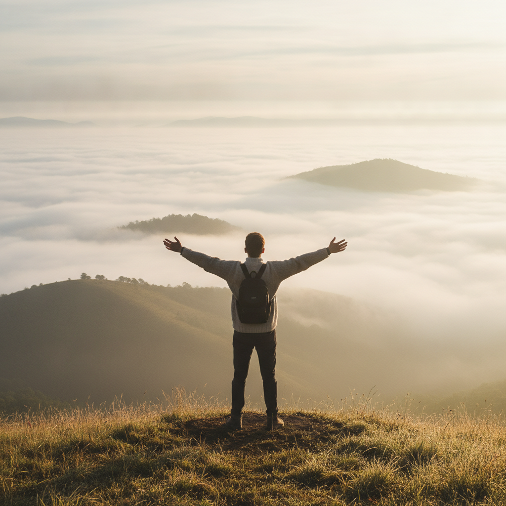 Une personne vue de dos au sommet d'une colline dans la brume, bras ouverts face à une mer de nuages au lever du soleil