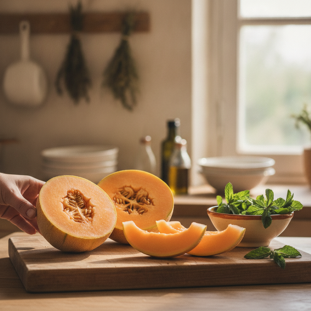 Un melon de Cavaillon coupe en deux, chair orange, avec des tranches sur une planche en bois