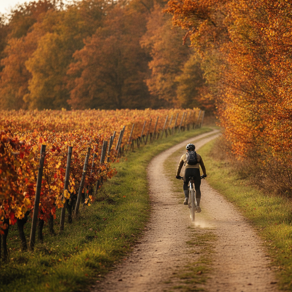 Cycliste de dos sur un vélo gravel roulant sur un chemin de terre entre des vignes et une forêt en automne