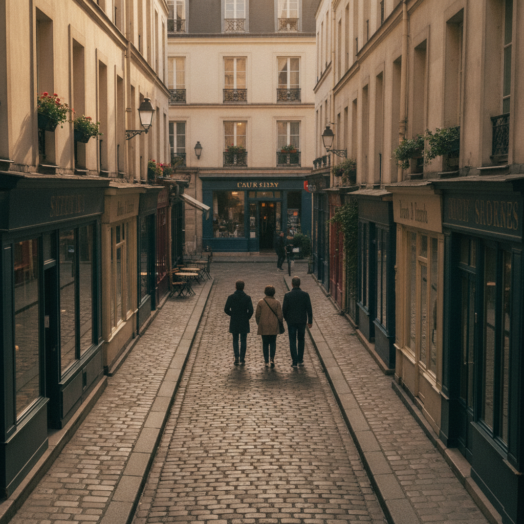 Ruelle pavée parisienne en fin d'après-midi, quelques passants de dos qui flânent devant de vieilles devantures