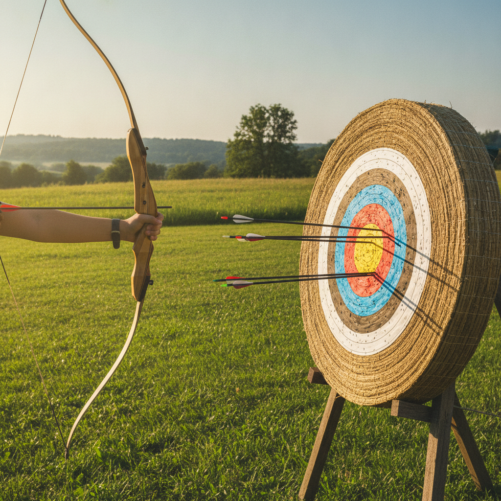 Un arc recurve tendu vers une cible de paille coloree plantee de fleches, sur un pas de tir en exterieur