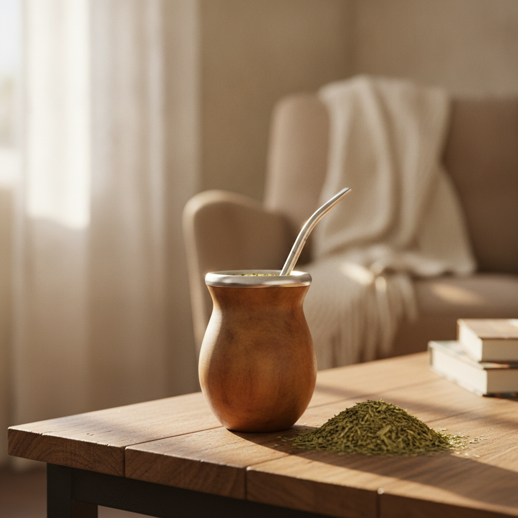 Calebasse à maté en bois avec sa bombilla et des feuilles de yerba mate séchée sur une table