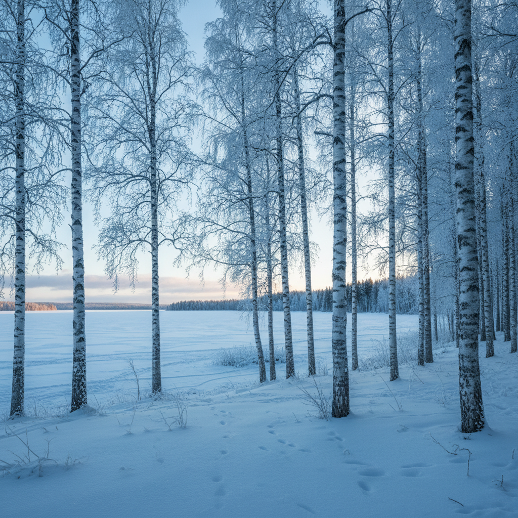 Forêt de bouleaux enneigée au bord d'un lac gelé en Finlande, sous une lumière d'hiver bleutée