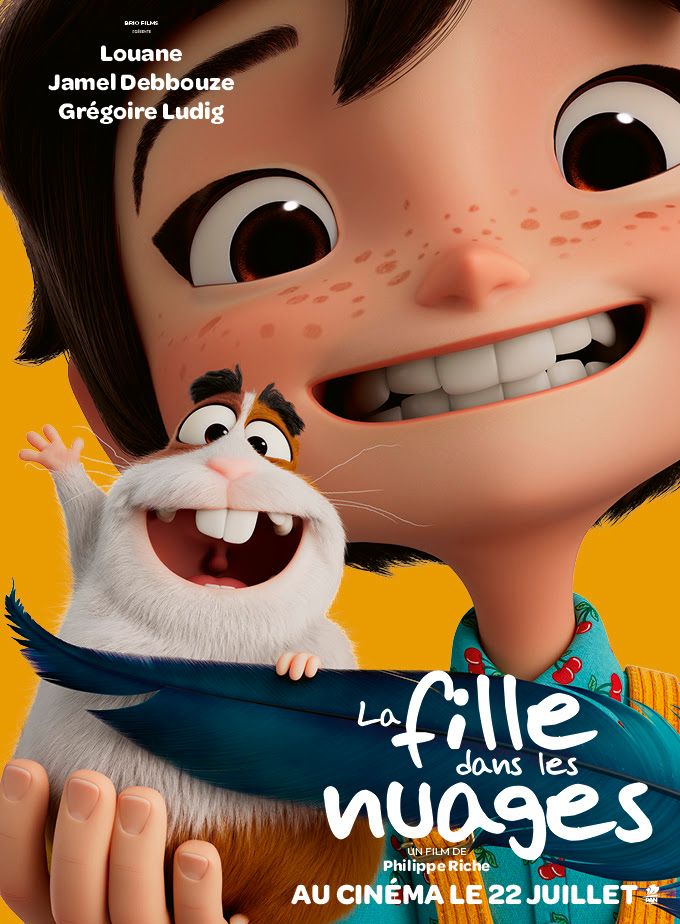 Affiche du film d'animation La Fille dans les nuages : Providence et son cochon d'Inde Airbag tenant une plume bleue