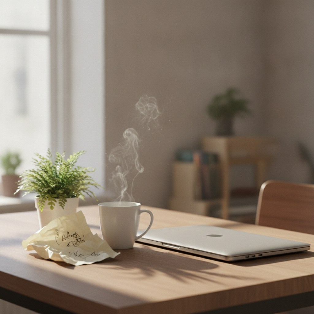 Bureau le matin avec un ordinateur portable fermé, un café fumant et une note froissée