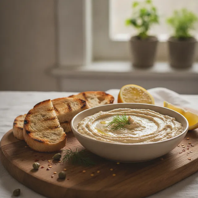 Bol de tarama maison beige creme avec du pain grille et un citron sur une planche en bois