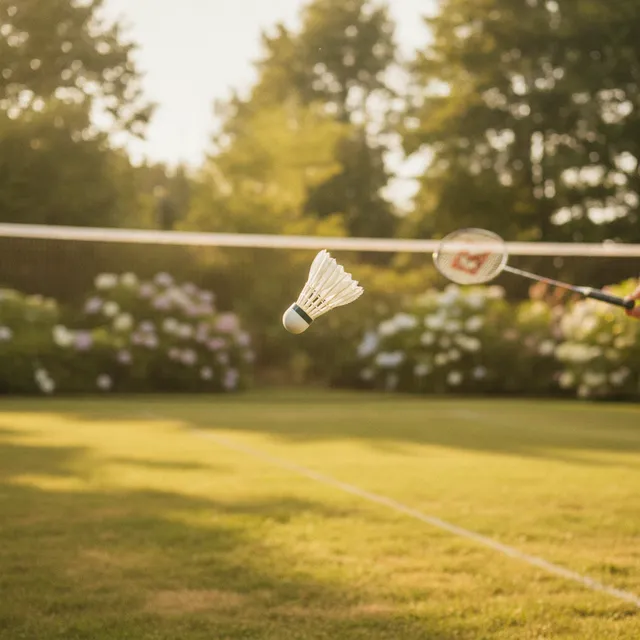 Un volant de badminton en vol au-dessus d'un filet dans un jardin ensoleille, une raquette floue en arriere-plan