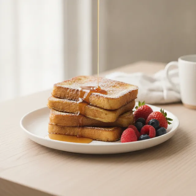 Tranches de pain perdu doré saupoudrées de sucre glace, avec un filet de sirop et des fruits rouges