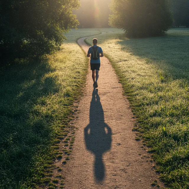 Un coureur de dos sur un sentier de parc au lever du jour en été, longue ombre matinale et lumière dorée