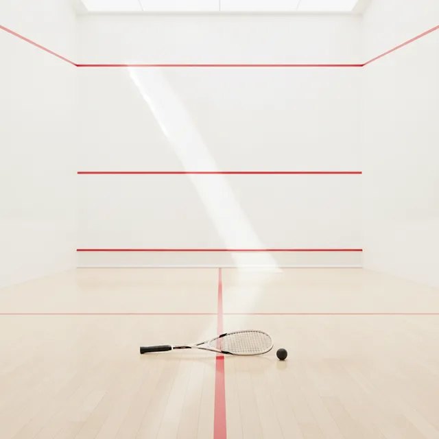 Court de squash moderne aux murs blancs et lignes rouges, une raquette et une petite balle noire posées sur le parquet