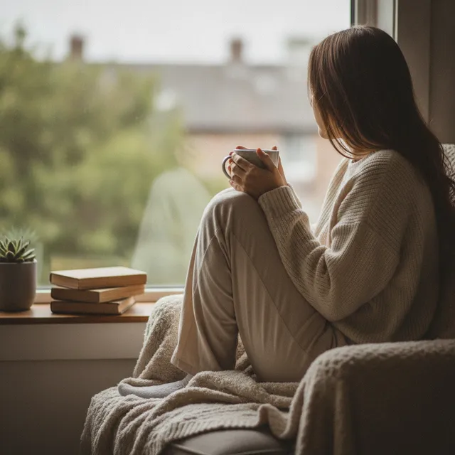 Une personne pensive assise près d'une fenêtre, une tasse de café à la main