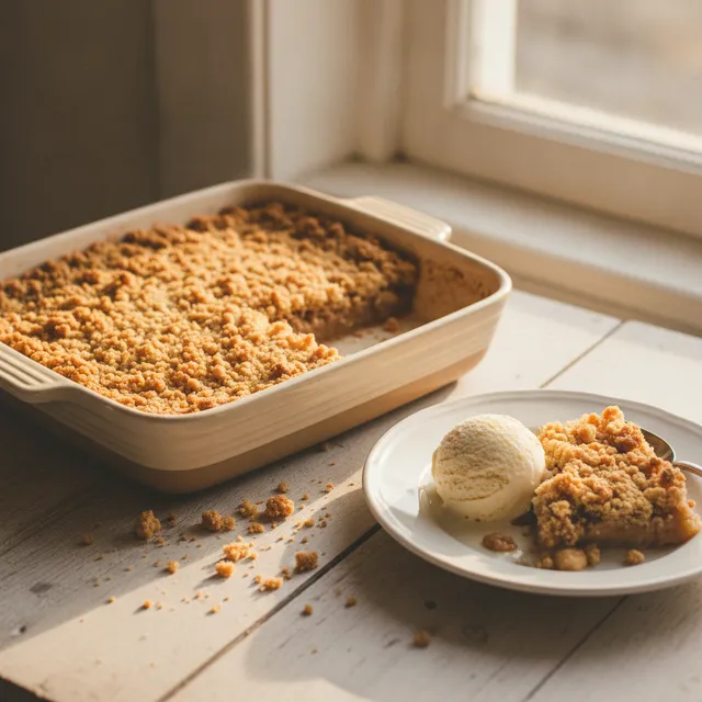 Crumble aux pommes doré et croustillant dans un plat en céramique, avec une part servie et une boule de glace vanille qui fond