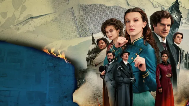 Enola Holmes 3 : Millie Bobby Brown entourée de Henry Cavill et Helena Bonham Carter sur l'affiche du film Netflix