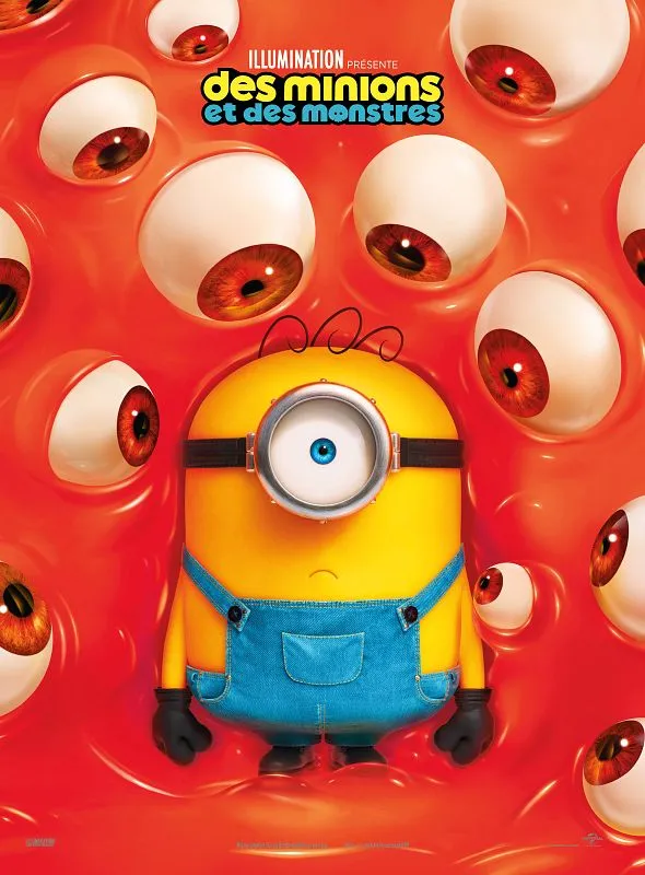 Affiche du film Des Minions et des monstres : un Minion entouré d'yeux de monstres sur fond rouge