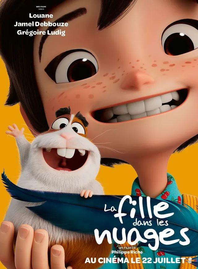 Affiche du film d'animation La Fille dans les nuages : Providence et son cochon d'Inde Airbag tenant une plume bleue