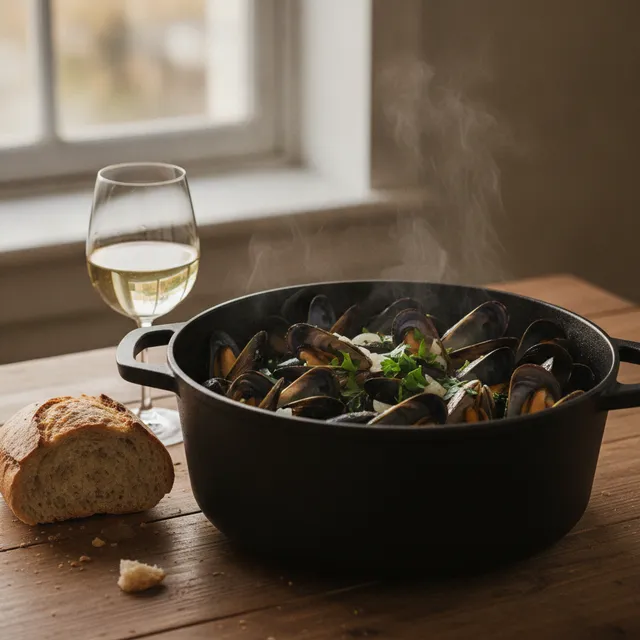 Cocotte en fonte remplie de moules ouvertes fumantes au vin blanc et persil, avec du pain de campagne et un verre de vin blanc