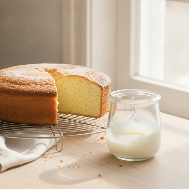 Gâteau au yaourt maison doré sur une grille de refroidissement, à côté d'un pot de yaourt en verre, lumière naturelle