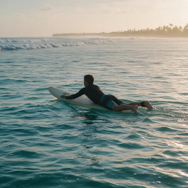 Surfeur débutant allongé sur une planche en mousse, ramant vers le large dans de petites vagues