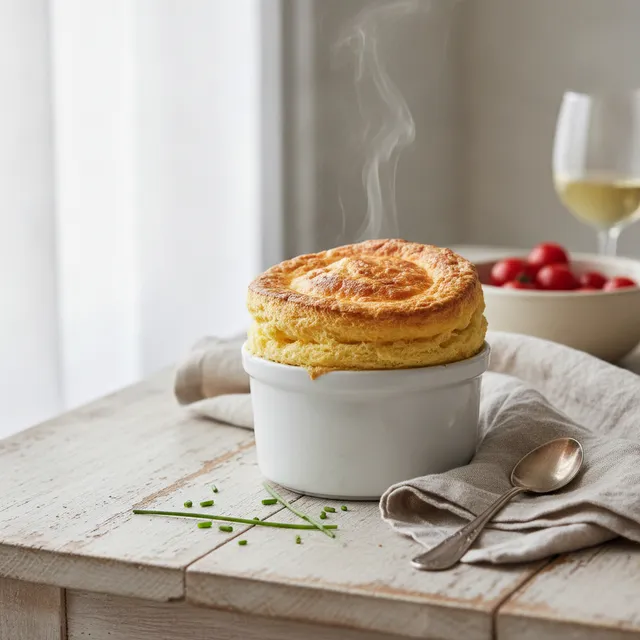 Soufflé au fromage doré et gonflé dans son ramequin blanc, fumant, sur une table en bois clair