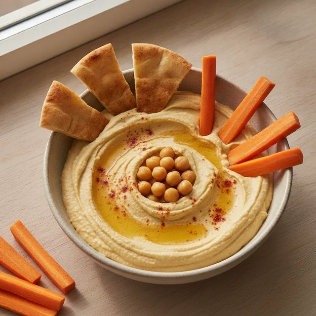 Bol de houmous maison crémeux avec filet d'huile d'olive, paprika, pois chiches, pain pita et bâtonnets de carotte