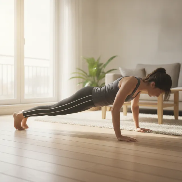 Une personne en tenue de sport en position de pompe, corps aligné, sur un parquet clair dans un salon lumineux