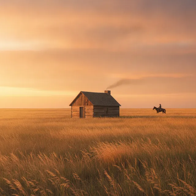 Une cabane en bois isolee au milieu d'une prairie d'herbes hautes doree au coucher du soleil