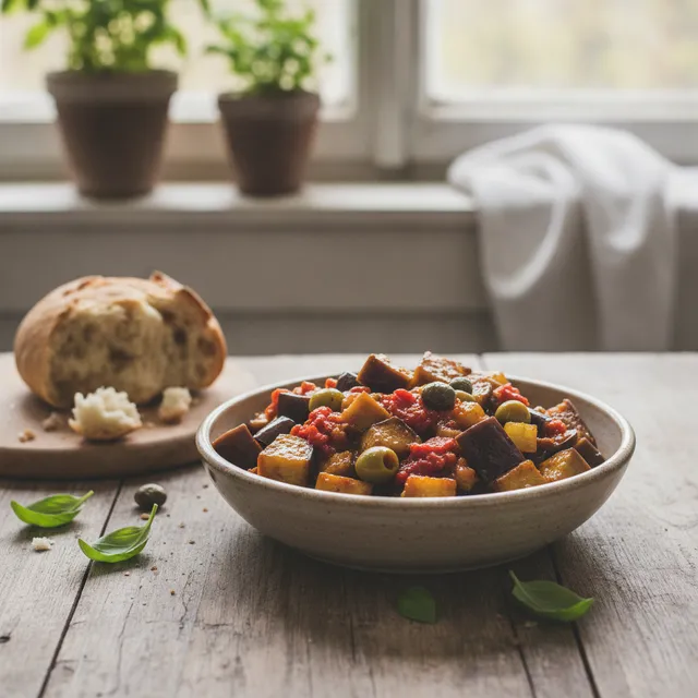 Bol de caponata sicilienne aux aubergines dorées, olives et câpres, avec du pain sur une table en bois