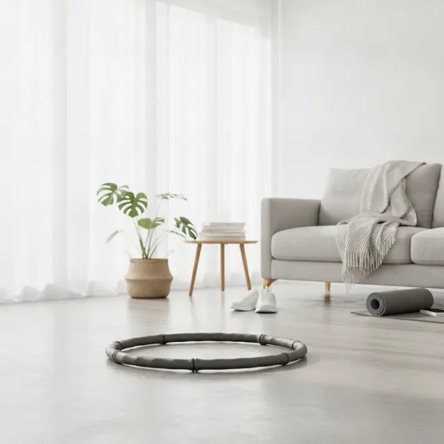 Cerceau de fitness lesté posé au sol dans un salon lumineux, avec baskets et tapis de sport
