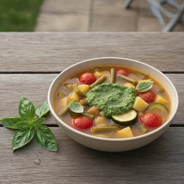 Bol de soupe au pistou provençale avec courgettes, tomates, haricots et une cuillerée de pistou au basilic, sur une table en bois