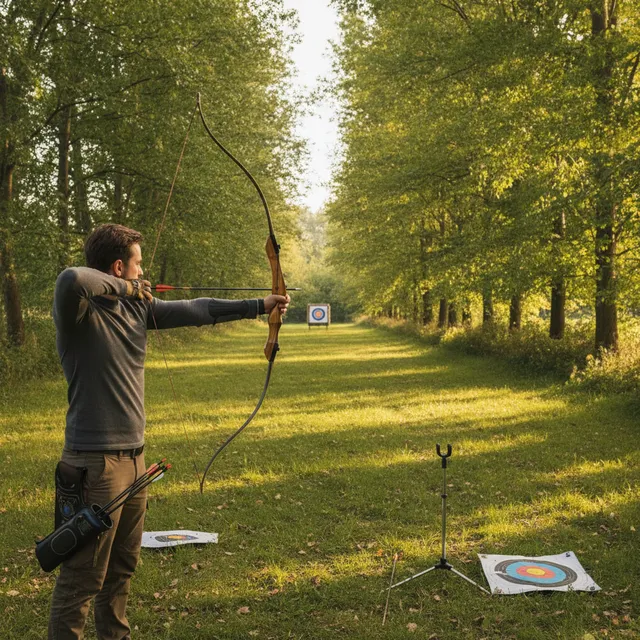 Un archer bande un arc classique recurve vers une cible ronde dans un couloir de tir en extérieur