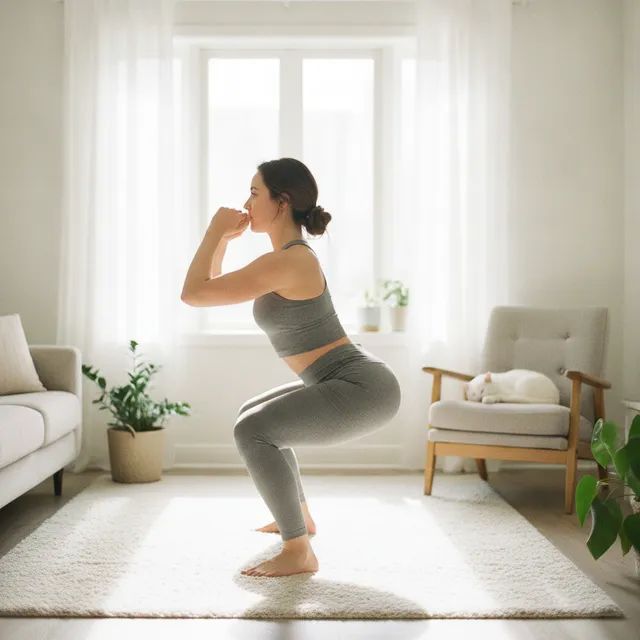 Personne faisant un squat au poids du corps dans un salon lumineux
