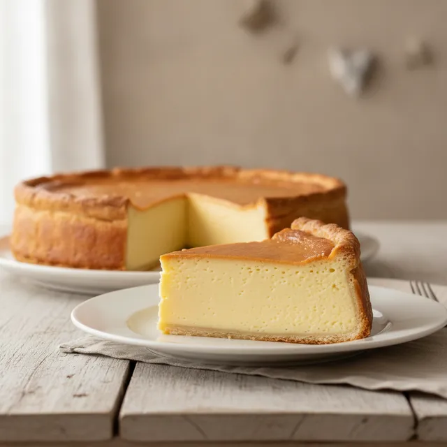 Part de flan pâtissier à la vanille, pâte dorée et crème onctueuse, sur une assiette blanche
