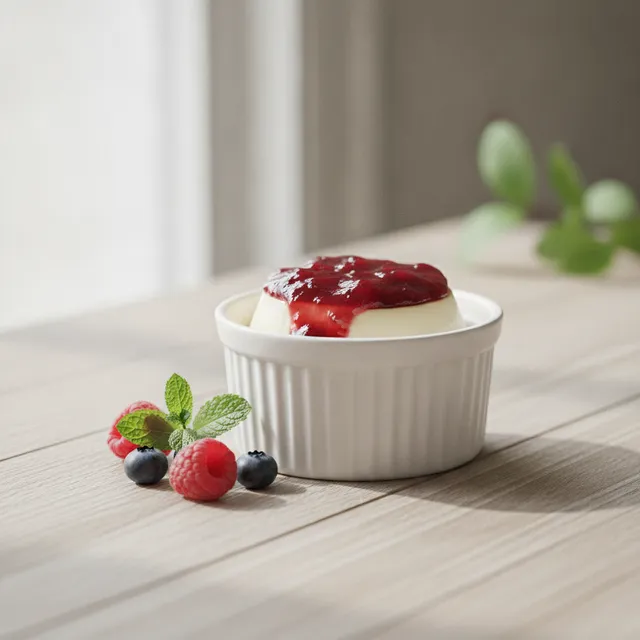 Panna cotta crémeuse démoulée dans un ramequin blanc, nappée d'un coulis de fruits rouges, avec quelques framboises et myrtilles