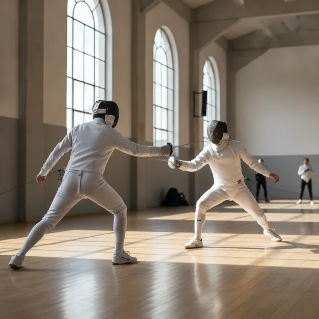 Deux escrimeurs adultes en tenue blanche et masque s'affrontent au fleuret sur une piste dans une salle lumineuse