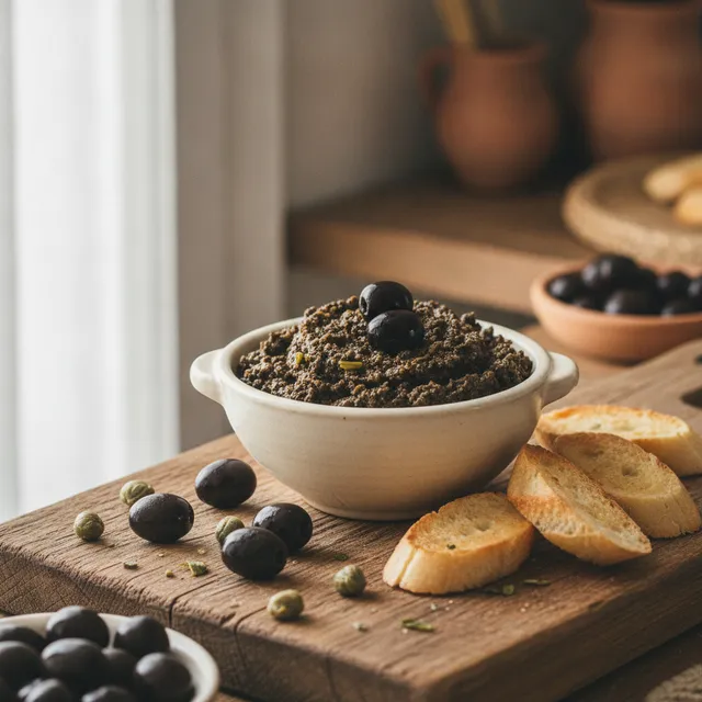 Bol de tapenade noire d'olives à la texture granuleuse, avec olives, câpres et pain grillé sur une planche en bois
