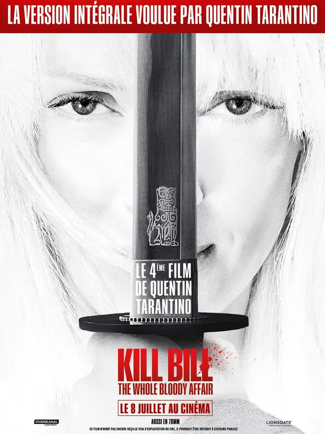 Affiche de Kill Bill: The Whole Bloody Affair, La Mariée en noir et blanc derrière un katana, sortie le 8 juillet