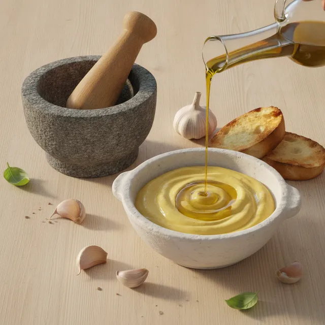Bol d'aïoli maison doré avec mortier en pierre, pilon en bois, gousses d'ail et filet d'huile d'olive