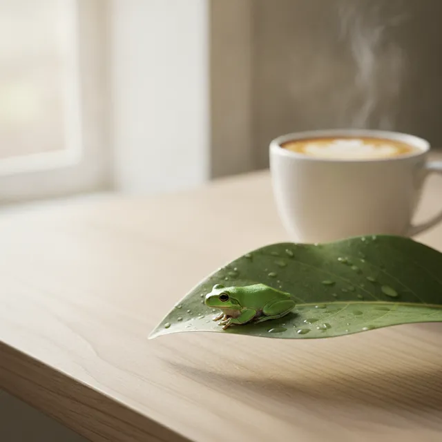 Une petite grenouille verte posee sur une feuille au bord d'un bureau, une tasse de cafe fumante en arriere-plan